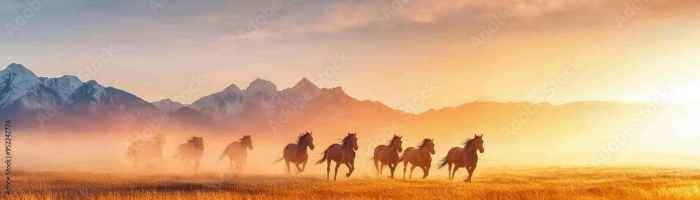 Fototapeta premium A stunning silhouette of horses running across a misty field at sunrise, framed by majestic mountains in the background.