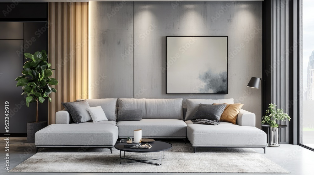 Fototapeta premium A sleek L-shaped sofa in a modern living room, complemented by tasteful wall art.