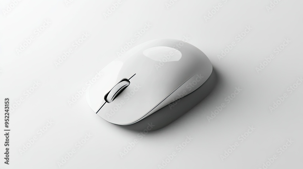 A sleek white computer mouse, perfectly centered on a white background, with subtle reflections and shadows A sleek white computer mouse, perfectly centered on a white background, with subtle reflections and shadows