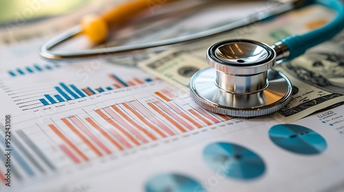 Stethoscope and US dollar banknotes on chart or graph paper Financial account statistics and business data  medical health concept : Generative AI photo