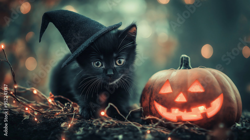 A playful black kitten wearing a tiny witch hat pounces next to a glowing jack-o-lantern, surrounded by twinkling lights and deep, rich tones of emerald and ruby, capturing the spi