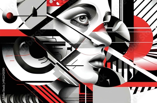 Abstract modern design with geometric shapes and an eye mask on the face, representing self-portrait or mental health in black, white and red color, in style of geometric abstraction  photo