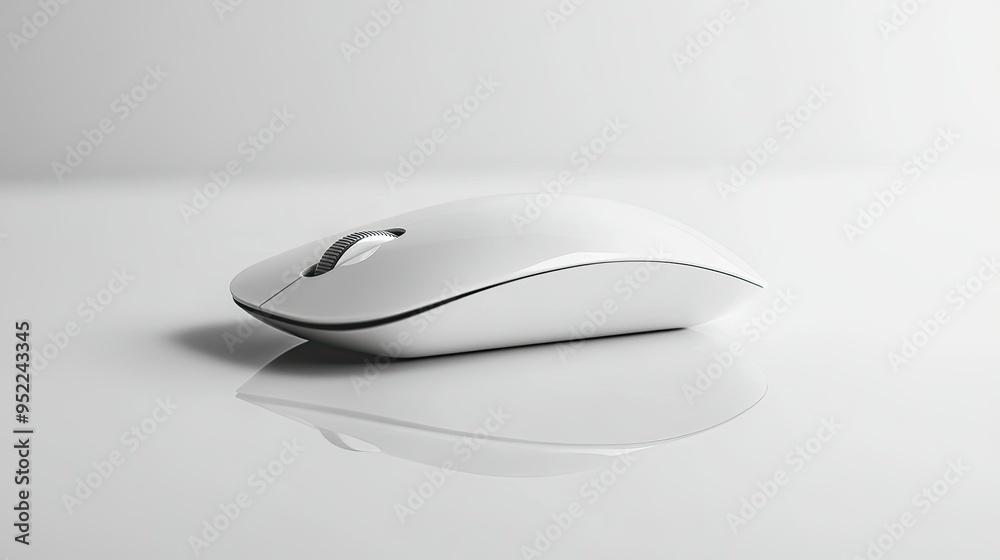 A sleek white computer mouse, perfectly centered on a white background, with subtle reflections and shadows A sleek white computer mouse, perfectly centered on a white background, with subtle reflections and shadows
