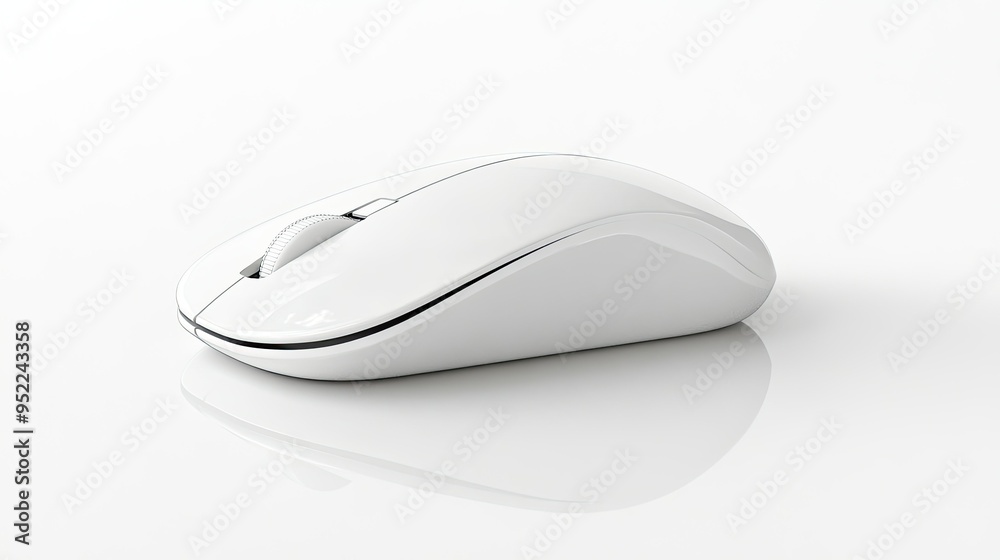 A sleek white computer mouse, perfectly centered on a white background, with subtle reflections and shadows A sleek white computer mouse, perfectly centered on a white background, with subtle reflections and shadows