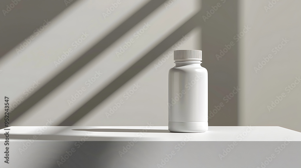 A white pill bottle sits on a white surface against a backdrop of soft, natural light. A white pill bottle sits on a white surface against a backdrop of soft, natural light.