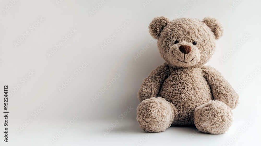 A soft plush teddy bear sitting against a white background, exuding warmth and comfort.