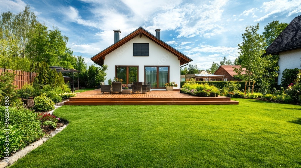 A spacious backyard with green grass, a wooden deck, and a charming house in the background A spacious backyard with green grass, a wooden deck, and a charming house in the background