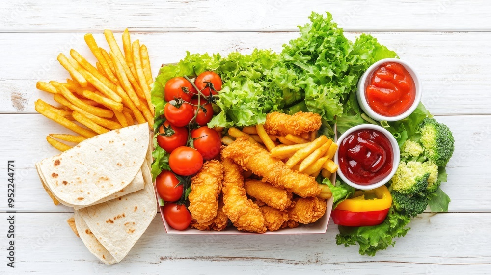 A school lunch box filled with fried chicken strips, french fries, tortilla wraps, and fresh vegetables, arranged on a white wooden table. A school lunch box filled with fried chicken strips, french fries, tortilla wraps, and fresh vegetables, arranged on a white wooden table.