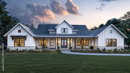 A spacious modern farmhouse with a front porch, open-concept design, and plenty of windows for natural light