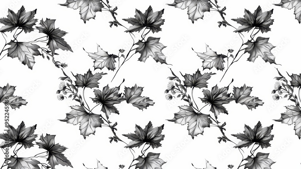 Monochrome seamless vector pattern featuring intricate black and white maple leaves, creating an elegant and timeless botanical design for backgrounds, textiles, and seasonal themes Monochrome seamless vector pattern featuring intricate black and white maple leaves, creating an elegant and timeless botanical design for backgrounds, textiles, and seasonal themes
