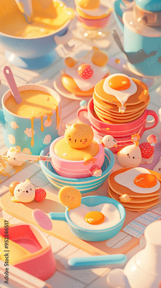 Cute Cartoon Breakfast with Pancakes and Eggs Cute Cartoon Breakfast with Pancakes and Eggs