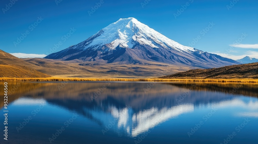 A stunning snow-capped mountain reflected in a glassy lake, framed by clear blue skies. A stunning snow-capped mountain reflected in a glassy lake, framed by clear blue skies.