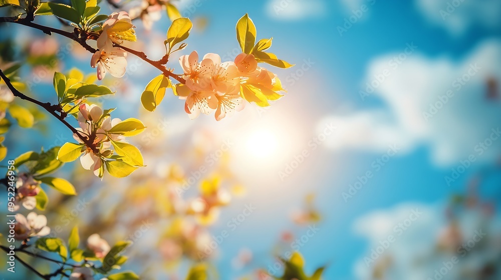 Beautiful blurred background image of spring nature with surrounded by trees against a blue sky with clouds on a bright sunny day : Generative AI Beautiful blurred background image of spring nature with surrounded by trees against a blue sky with clouds on a bright sunny day : Generative AI