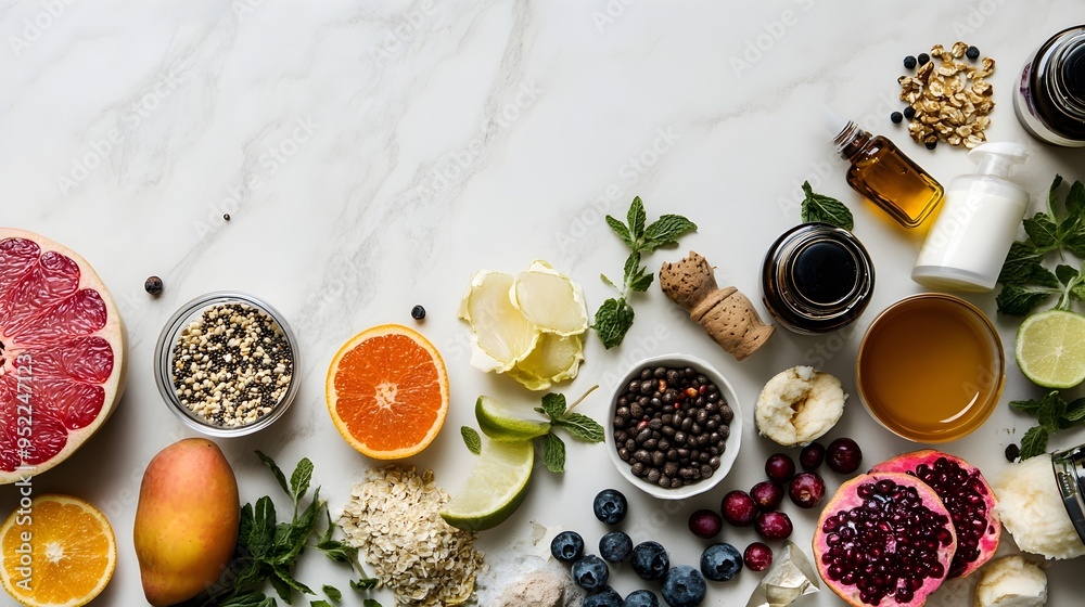A visually appealing arrangement of various microbiome friendly foods and skincare products highlighting the intricate relationship between a healthy gut and radiant skin