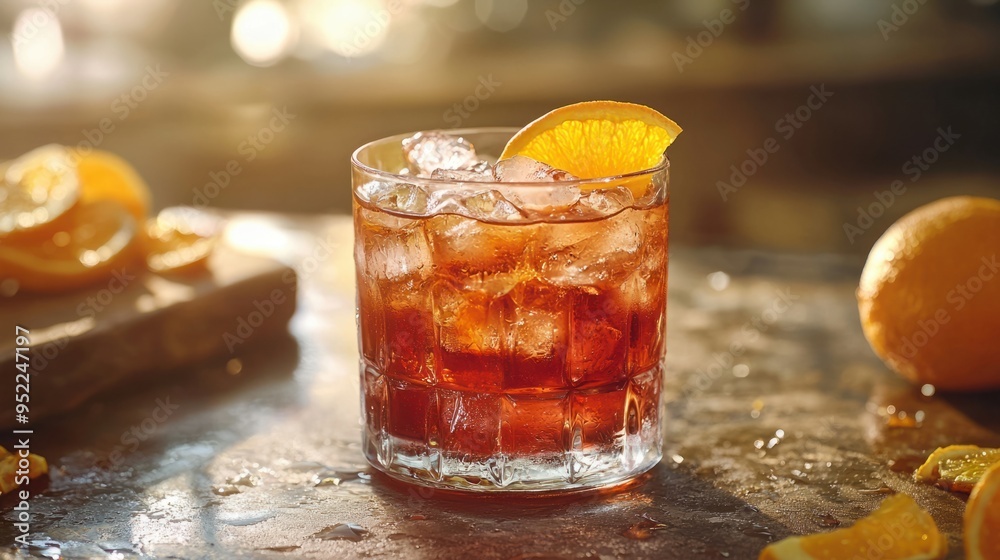 Classic Negroni Cocktail Garnished with Fresh Orange Peel on Rustic Bar Counter