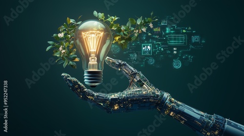 A robotic hand holding a glowing light bulb symbolizing innovation, technology, and sustainable ideas with greenery sprouting around.