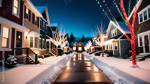 snowy neighborhood street houses decked christmas lights decorations