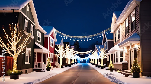 snowy neighborhood street houses decked christmas lights decorations
