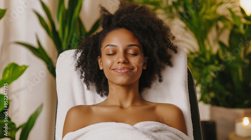 A young woman in a tranquil spa setting, relaxing with a peaceful smile as she receives a comforting treatment, symbolizing self-care and healing. photo