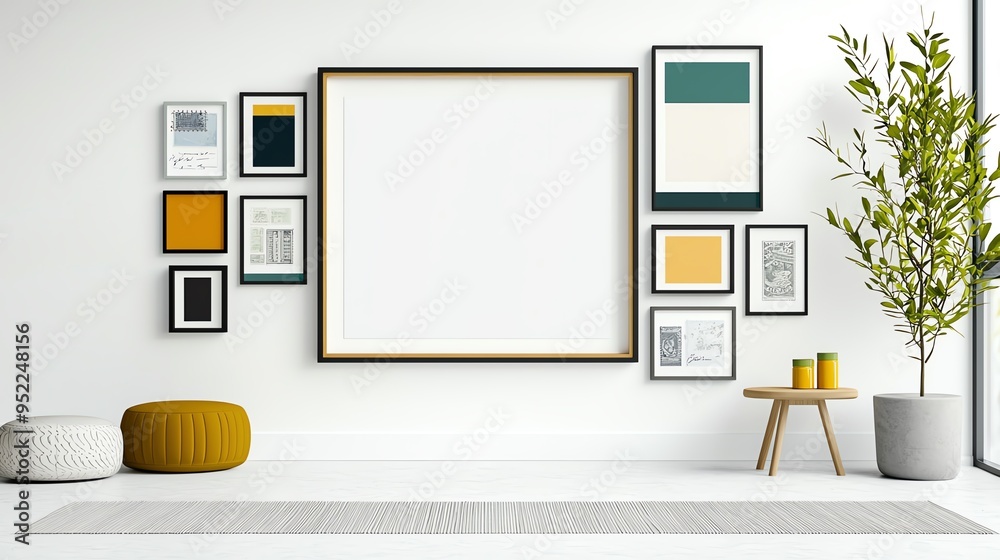 Obraz premium A modern living room with empty frames, wall art, and a cozy decor accentuated by plants and stylish furniture.