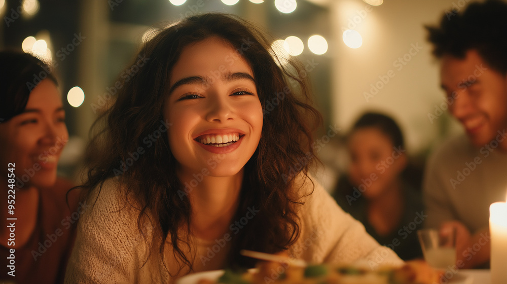 A young woman at a family gathering, smiling warmly as she shares a meal with loved ones, representing the importance of support and togetherness in her healing process. A young woman at a family gathering, smiling warmly as she shares a meal with loved ones, representing the importance of support and togetherness in her healing process.