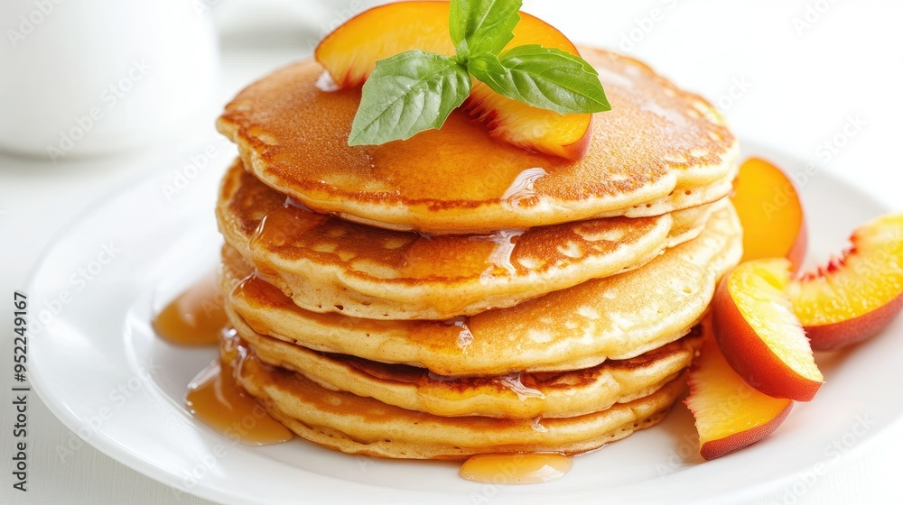 A tempting stack of golden pancakes, topped with ripe peach slices on a clean white background. A tempting stack of golden pancakes, topped with ripe peach slices on a clean white background.
