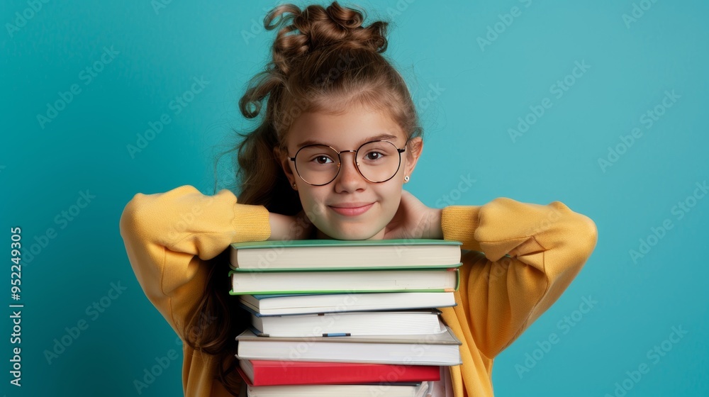 Charming young girl holding a stack of books, isolated against a teal background, representing education, knowledge, and curiosity. Perfect for learning themes, and youthful exploration Charming young girl holding a stack of books, isolated against a teal background, representing education, knowledge, and curiosity. Perfect for learning themes, and youthful exploration