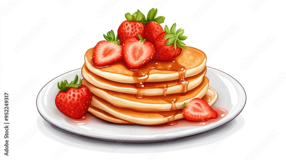 A tempting stack of pancakes with fresh strawberries, invitingly set on a clean white background. A tempting stack of pancakes with fresh strawberries, invitingly set on a clean white background.
