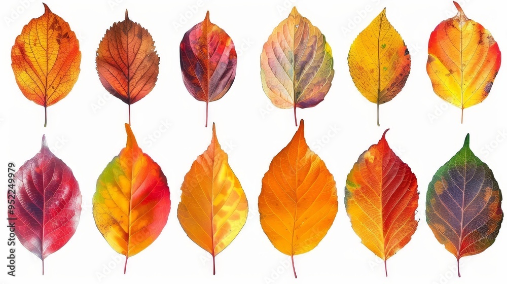Fototapeta premium A vibrant selection of beautiful and colorful autumn leaves showcasing a stunning array of reds, oranges, and yellows, perfect for capturing the essence of fall's beauty and seasonal transformation