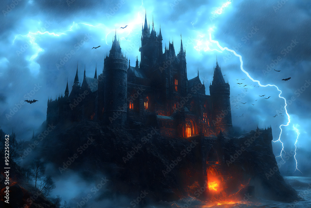 Fototapeta premium dramatic gothic castle on a rugged cliff, surrounded by a stormy sky with lightning striking. The castle's windows glow with an eerie orange light, while bats fly around the towers, creating a forebod