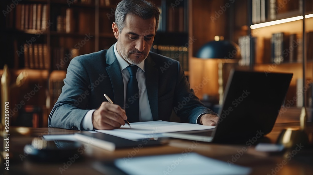 lawyer write drafts a legal document at a desk with stationery and a laptop in a casual law firm office atmosphere : Generative AI lawyer write drafts a legal document at a desk with stationery and a laptop in a casual law firm office atmosphere : Generative AI