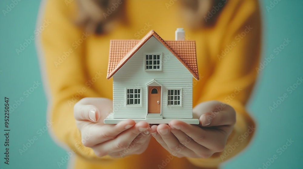 Horizontal creative photo collage of happy couple lovers hold miniature house finally buy real estate isolated on pale blue background : Generative AI Horizontal creative photo collage of happy couple lovers hold miniature house finally buy real estate isolated on pale blue background : Generative AI