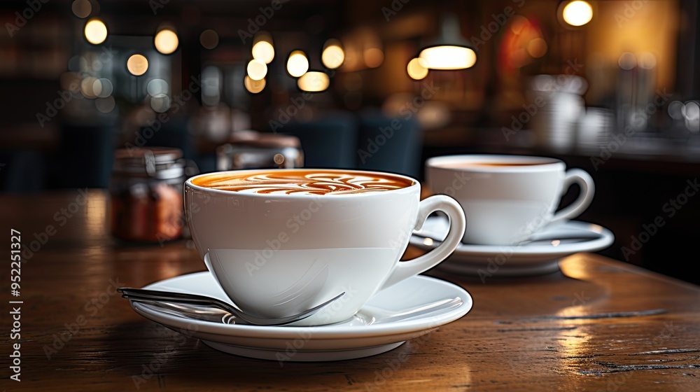 Coffee in white cup on wooden table in cafe Coffee in white cup on wooden table in cafe