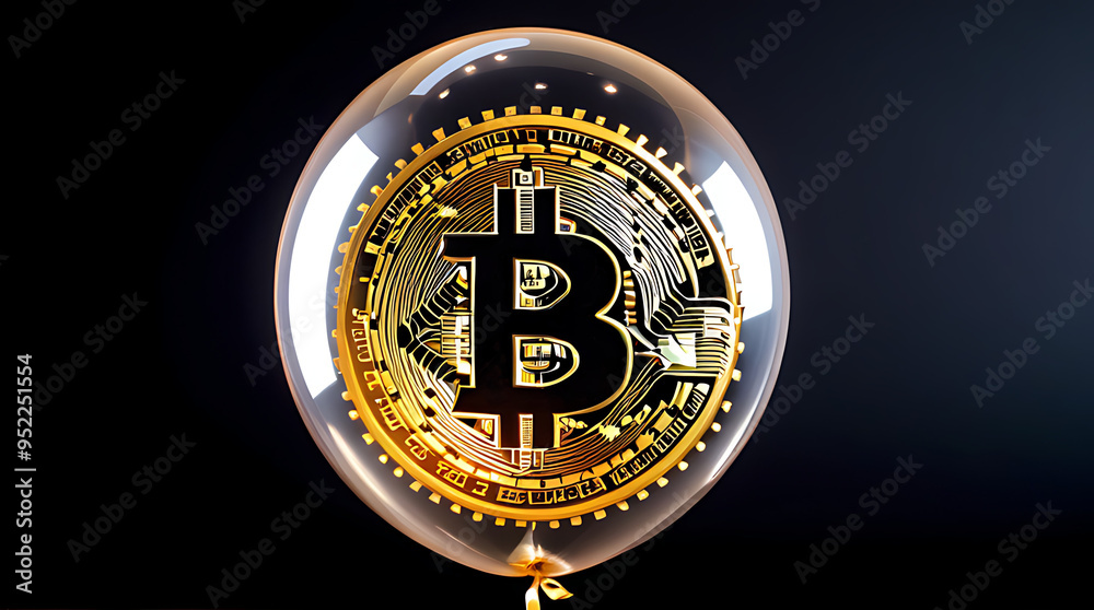 Fototapeta premium bubble burst text overlaid deflated bitcoin balloon