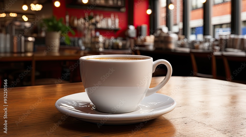 Coffee in white cup on wooden table in cafe Coffee in white cup on wooden table in cafe