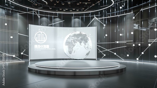 3D rendering of a virtual studio set for a news or stock market show with a large round stage and LED screen wall. design features a circular podium in the center perfect interview platform  photo