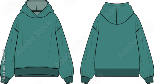 Oversized Women Hooded Sweatshirt design fashion flat sketch template. Hoodie without pockets, front and back view flat sketch vector illustration template. cad mockup.