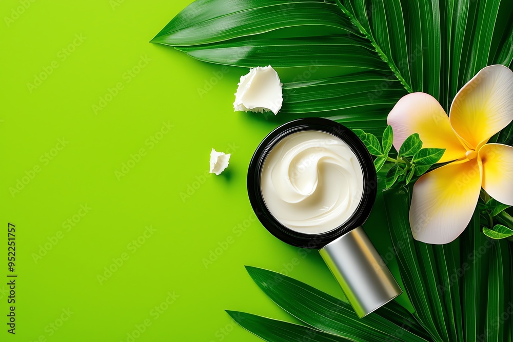 Luxurious cream in a black container surrounded by tropical leaves and a vibrantly colored flower, perfect for beauty and skincare. Luxurious cream in a black container surrounded by tropical leaves and a vibrantly colored flower, perfect for beauty and skincare.