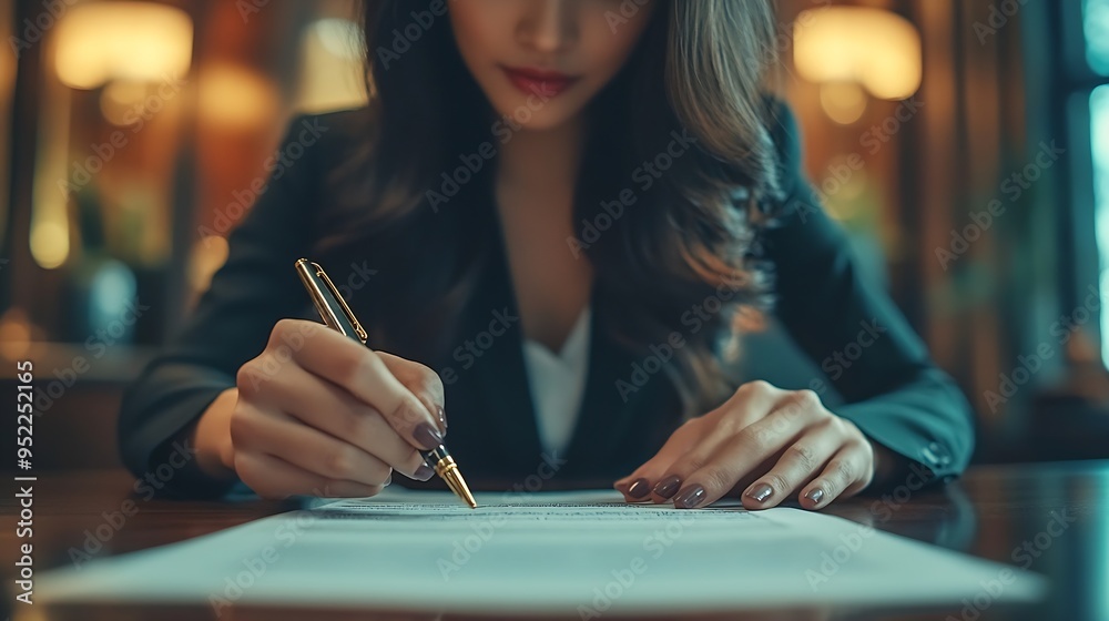 Fototapeta premium Asian female lawyer or legal advisor signing a contract The contract with the client on the desk in the law firm will guide the client as a legal counsel : Generative AI