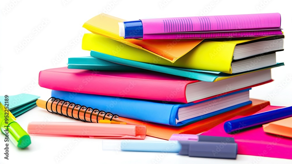 A vibrant stack of colorful notebooks, accompanied by highlighters and sticky notes on a white background. A vibrant stack of colorful notebooks, accompanied by highlighters and sticky notes on a white background.
