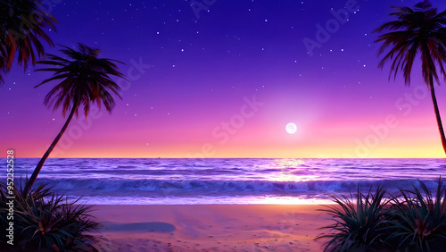 Night purple pink sky with moon and stars on beach, sand and palm trees, dreamy evening on vacation, calm, relaxation, sea wave, amazing beautiful landscape, sunset 