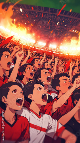 Anime-style illustration of Indonesian soccer fans cheering in a stadium while supporting their national team during the final match