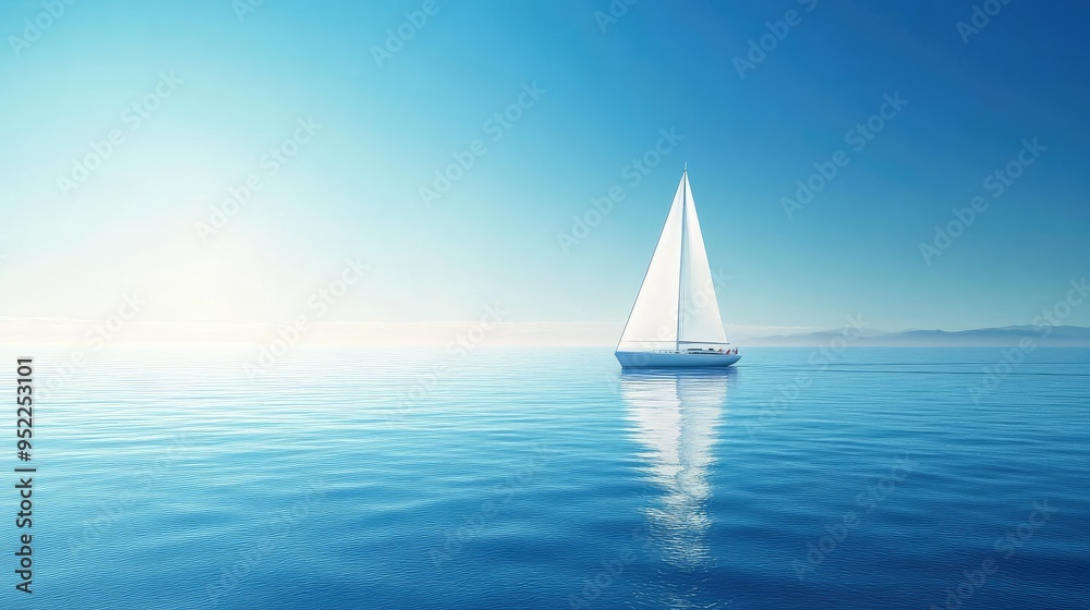 Obraz premium A white sailboat gliding effortlessly across the ocean under a clear blue sky, with calm waters and a gentle breeze.