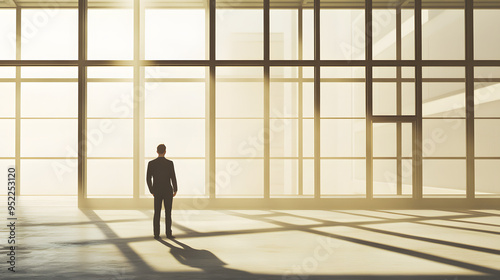 Businessman standing alone in an empty office, reflecting on closure, void of furniture, sunlight streaming through windows, capturing poignant moment of transition and loss