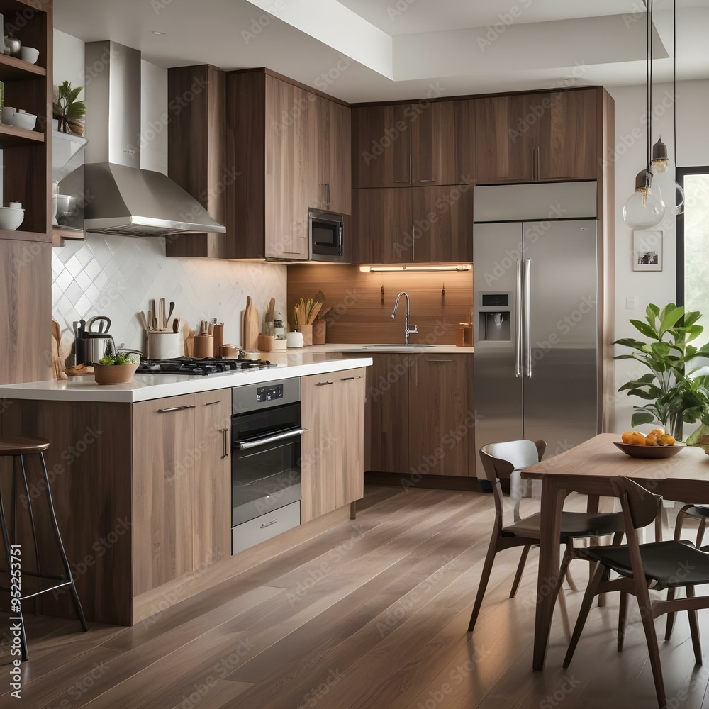 A modern and stylish kitchen with wooden cabinets, stainless steel appliances, and a dining table with chairs. A modern and stylish kitchen with wooden cabinets, stainless steel appliances, and a dining table with chairs.