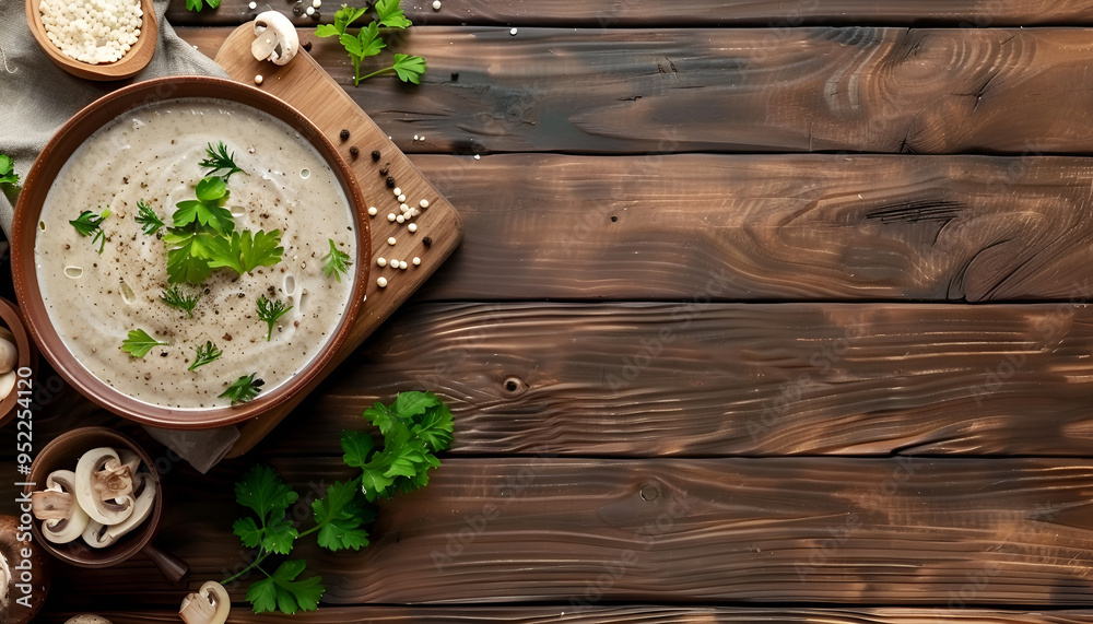 Mushroom cream soup. Vegan food. Dietary menu. Top view. Flat lay. Mushroom cream soup. Vegan food. Dietary menu. Top view. Flat lay.