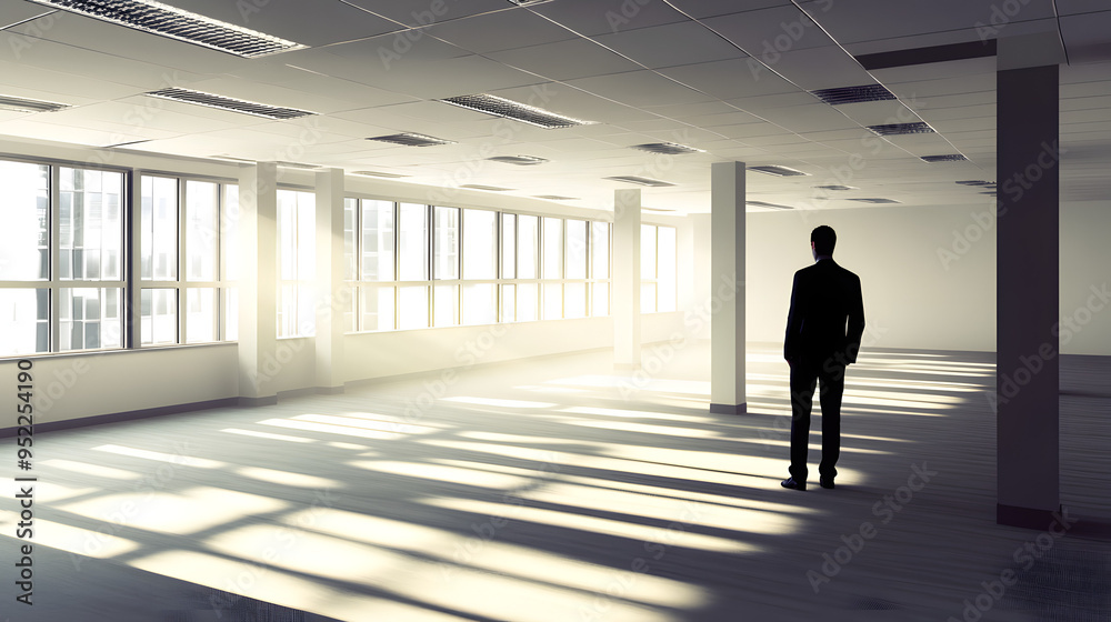Businessman standing alone in an empty office, reflecting on closure, void of furniture, sunlight streaming through windows, capturing poignant moment of transition and loss Businessman standing alone in an empty office, reflecting on closure, void of furniture, sunlight streaming through windows, capturing poignant moment of transition and loss