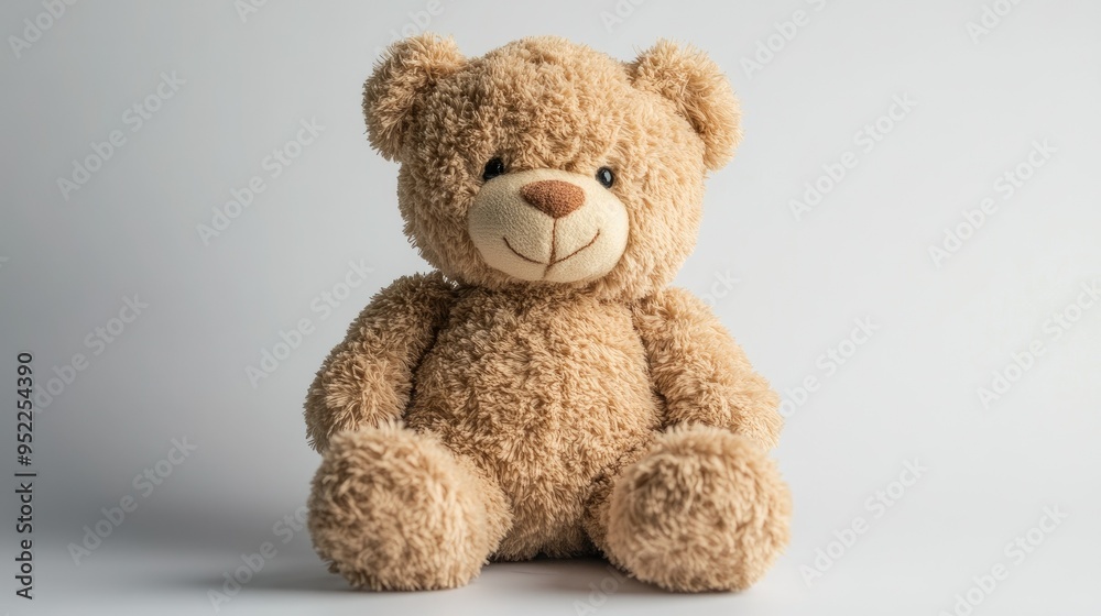 Fototapeta premium An adorable plush teddy bear, showcased on a pure white surface, inviting cuddles.