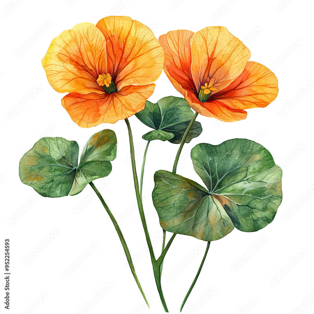 Nasturtium botanical watercolor clip art isolated on white background Nasturtium botanical watercolor clip art isolated on white background
