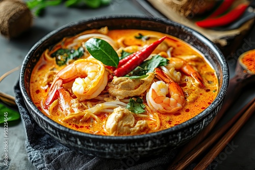 Curry laksa. Coconut noodle soup with chicken meat and prawns. Peranakan noodle soup of noodles and seafood in rich curry soup. Asian traditional food